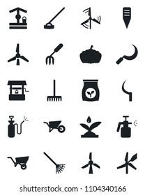 Set of vector isolated black icon - garden fork vector, rake, wheelbarrow, well, hoe, sickle, plant label, pumpkin, sprayer, fertilizer, windmill, irrigation