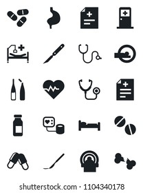 Set of vector isolated black icon - bed vector, medical room, heart pulse, diagnosis, stethoscope, blood pressure, pills, ampoule, scalpel, tomography, hospital, stomach, broken bone