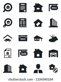 Set of vector isolated black icon - office building vector, house, pond, contract, with garage, estate document, sale, sold signboard, search, agent, smart home, insurance