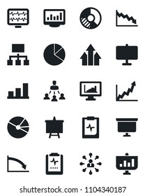 Set of vector isolated black icon - hierarchy vector, presentation board, circle chart, monitor pulse, clipboard, statistics, bar graph, pie, arrow up, growth, crisis