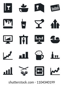 Set of vector isolated black icon - security gate vector, statistic monitor, barcode, scanner, statistics, bar graph, alcohol, wine card, cocktail, phyto, beer, salad, sushi, arrow up, growth