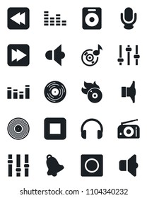 Set of vector isolated black icon - vinyl vector, flame disk, radio, speaker, settings, equalizer, microphone, headphones, stop button, fast forward, rewind, tuning, bell, record, music, sound