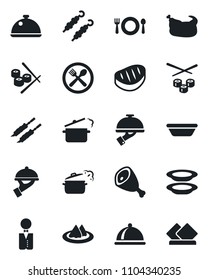 Set of vector isolated black icon - waiter vector, dish, serviette, cafe, plates, chicken, steak, kebab, ham, bowl, steaming pan, sushi
