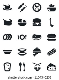Set of vector isolated black icon - spoon and fork vector, cafe, salad, plates, bacon, waiter, bread, chicken, steak, kebab, hamburger, ladle, bowl, sushi, cheese