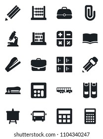 Set of vector isolated black icon - airport bus vector, checkroom, book, calculator, abacus, presentation board, microscope, paper clip, pencil, stapler, case