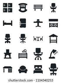 Set of vector isolated black icon - cafe vector, checkroom, office chair, desk, bench, fireplace, lamp, bedroom, children room, cushioned furniture, restaurant table, alcove, fridge