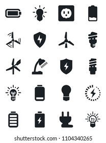 Set of vector isolated black icon - bulb vector, battery, low, protect, charge, desk lamp, windmill, socket, power plug, energy saving, idea