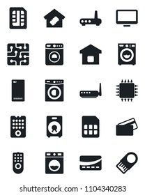 Set of vector isolated black icon - washer vector, monitor, speaker, phone back, sim, smart home, credit card, chip, remote control, router, usb flash