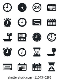 Set of vector isolated black icon - 24 around vector, alarm clock, calendar, heavy scales, stopwatch, schedule, sand