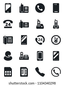 Set of vector isolated black icon - phone vector, no mobile, office, 24 hours, support, cell, radio, back, call, sim