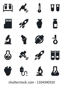 Set of vector isolated black icon - book vector, blood test vial, dropper, microscope, ampoule, real heart, joint, satellite, sd, thermometer, rocket, flask