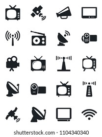 Set of vector isolated black icon - antenna vector, satellite, radio, loudspeaker, tv, video camera, wireless