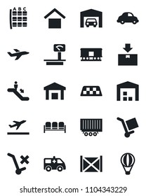 Set of vector isolated black icon - taxi vector, departure, escalator, waiting area, seat map, ambulance car, plane, truck trailer, delivery, container, cargo, warehouse storage, no trolley, package