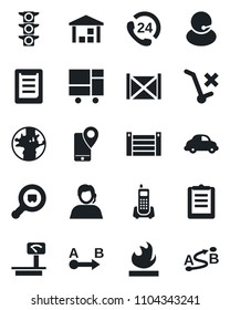 Set of vector isolated black icon - earth vector, traffic light, office phone, 24 hours, support, mobile tracking, car delivery, container, consolidated cargo, clipboard, no trolley, warehouse
