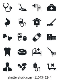 Set of vector isolated black icon - rake vector, watering, lawn mower, bird house, doctor case, stethoscope, blood pressure, dropper, pills, patch, hospital bed, stomach, tooth, broken bone, client