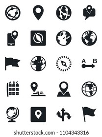 Set of vector isolated black icon - globe vector, seat map, route, navigation, earth, pin, mobile tracking, network, place tag, compass, flag