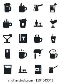 Set of vector isolated black icon - hot cup vector, coffee machine, water supply, alcohol, wine card, drink, cocktail, phyto bar, beer, turkish