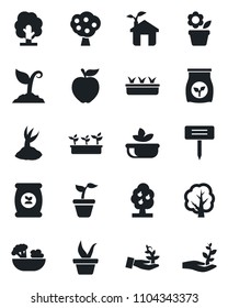 Set of vector isolated black icon - flower in pot vector, seedling, tree, sproute, plant label, fertilizer, fruit, salad, apple, eco house, palm