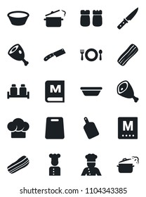 Set of vector isolated black icon - cook vector, cafe, hat, menu, bacon, salt and pepper, ham, bowl, cutting board, knife, steaming pan