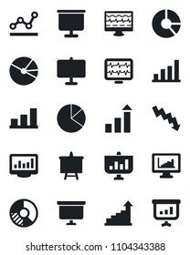 Set of vector isolated black icon - growth statistic vector, presentation board, crisis graph, circle chart, monitor pulse, statistics, bar, pie, point