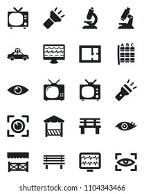 Set of vector isolated black icon - tv vector, alarm car, seat map, bench, monitor pulse, microscope, eye, torch, plan, alcove, scan