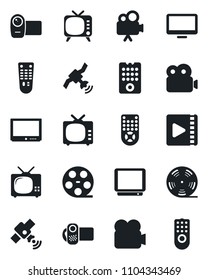 Set of vector isolated black icon - reel vector, satellite, tv, video camera, remote control, monitor