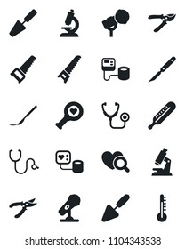 Set of vector isolated black icon - trowel vector, pruner, saw, stethoscope, blood pressure, thermometer, heart diagnostic, microscope, scalpel, microphone