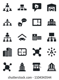 Set of vector isolated black icon - hierarchy vector, well, molecule, hospital, office building, garage, plan, home message