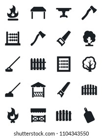 Set of vector isolated black icon - fence vector, tree, saw, fire, hoe, axe, abacus, table, alcove, cutting board