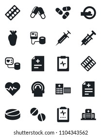 Set of vector isolated black icon - heart pulse vector, diagnosis, syringe, blood pressure, pills, blister, tomography, real, clipboard, hospital