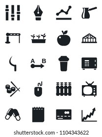 Set of vector isolated black icon - barrier vector, credit card, safe, mouse, notepad, seedling, sickle, greenhouse, pills, route, settings, ink pen, point graph, tv, turkish coffee, sushi, radiator