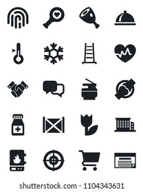 Set of vector isolated black icon - ladder vector, heart pulse, diagnostic, pills bottle, joint, container, tulip, dialog, fingerprint id, target, copier, handshake, office building, dish, ham, cart