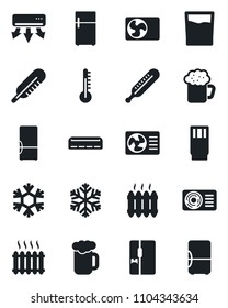 Set of vector isolated black icon - thermometer vector, heater, air conditioner, fridge, drink, beer, snowflake