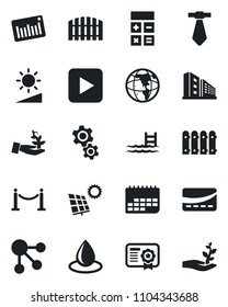Set of vector isolated black icon - fence vector, calculator, water drop, term, barcode, play button, brightness, pool, sun panel, office building, credit card, gear, palm sproute, earth, tie