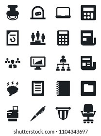 Set of vector isolated black icon - ticket office vector, hierarchy, pedestal, pennant, brainstorm, document reload, clipboard, calculator, folder, copybook, monitor statistics, news, notebook pc