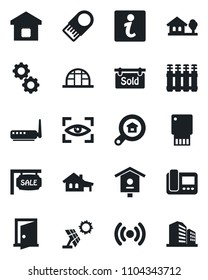 Set of vector isolated black icon - greenhouse vector, bird house, with garage, tree, sale, sold signboard, estate search, smart home, wireless, router, intercome, gear, radiator, eye scan, door