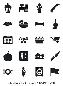 Set of vector isolated black icon - elevator vector, bed, desk, flower in pot, wheelbarrow, garden knife, pumpkin, eye, pregnancy, themes, calendar, meeting, house with tree, washer, cafe, salad