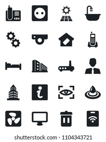Set of vector isolated black icon - bed vector, office phone, monitor, radio, building, estate agent, bathroom, smart home, socket, fan, router, web camera, gear, water, eye scan, trash bin