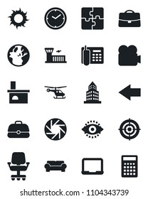 Set of vector isolated black icon - left arrow vector, helicopter, airport building, notebook pc, sun, fireplace, video camera, mobile, eye id, application, case, clock, office, phone, target, earth