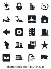 Set of vector isolated black icon - shower vector, left arrow, lock, office building, lawn mower, house, joint, folder document, rec button, record, download, brightness, compass, book, police, flag