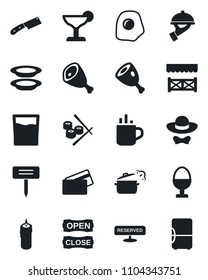 Set of vector isolated black icon - hot cup vector, plant label, reserved, drink, cocktail, plates, waiter, egg stand, candle, dress code, open close, alcove, credit card, ham, knife, steaming pan