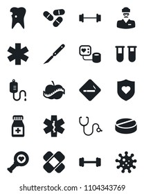 Set of vector isolated black icon - smoking place vector, stethoscope, blood pressure, test vial, dropper, heart diagnostic, pills, bottle, scalpel, patch, ambulance star, barbell, shield, caries