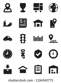 Set of vector isolated black icon - navigation vector, earth, traffic light, mobile tracking, sea shipping, car delivery, clock, receipt, consolidated cargo, clipboard, fragile, warehouse storage