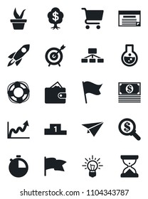 Set of vector isolated black icon - seedling vector, stopwatch, target, rocket, wallet, growth graph, money search, idea, cart, flask, flag, cash, paper plane, schedule, hierarchy, crisis management