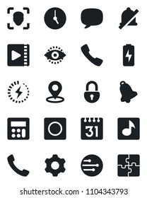 Set of vector isolated black icon - call vector, message, settings, calculator, clock, bell, record, network, calendar, mute, place tag, lock, face id, eye, music, video, charge, application