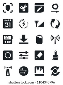Set of vector isolated black icon - antenna vector, update, tuning, themes, stopwatch, record, scanner, network, calendar, notes, download, brightness, cut, face id, cellular signal, battery, charge
