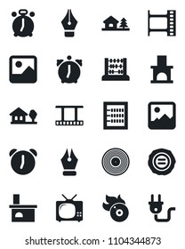 Set of vector isolated black icon - alarm clock vector, abacus, stamp, fireplace, film frame, vinyl, flame disk, gallery, ink pen, house with tree, tv, power plug