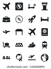 Set of vector isolated black icon - plane vector, airport tower, taxi, departure, baggage trolley, train, passport, larry, globe, case, sea shipping, route, compass, bedroom, table, rocket, earth