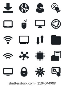Set of vector isolated black icon - lock vector, mouse, notebook pc, virus, support, tv, network, touch screen, monitor, share, folder, data exchange, download, wireless, document, chip