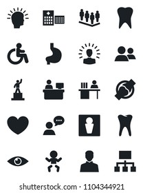 Set of vector isolated black icon - male vector, baby, disabled, pedestal, team, manager place, heart, stomach, tooth, eye, joint, hospital, speaker, group, user, desk, shining head, hierarchy